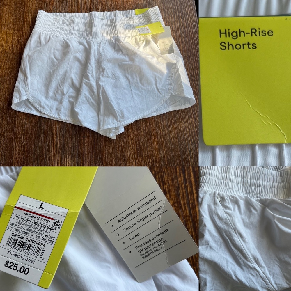 All In Motion HR Crinkle Shorts White with Pockets Lined L UPF 50+ Activewear